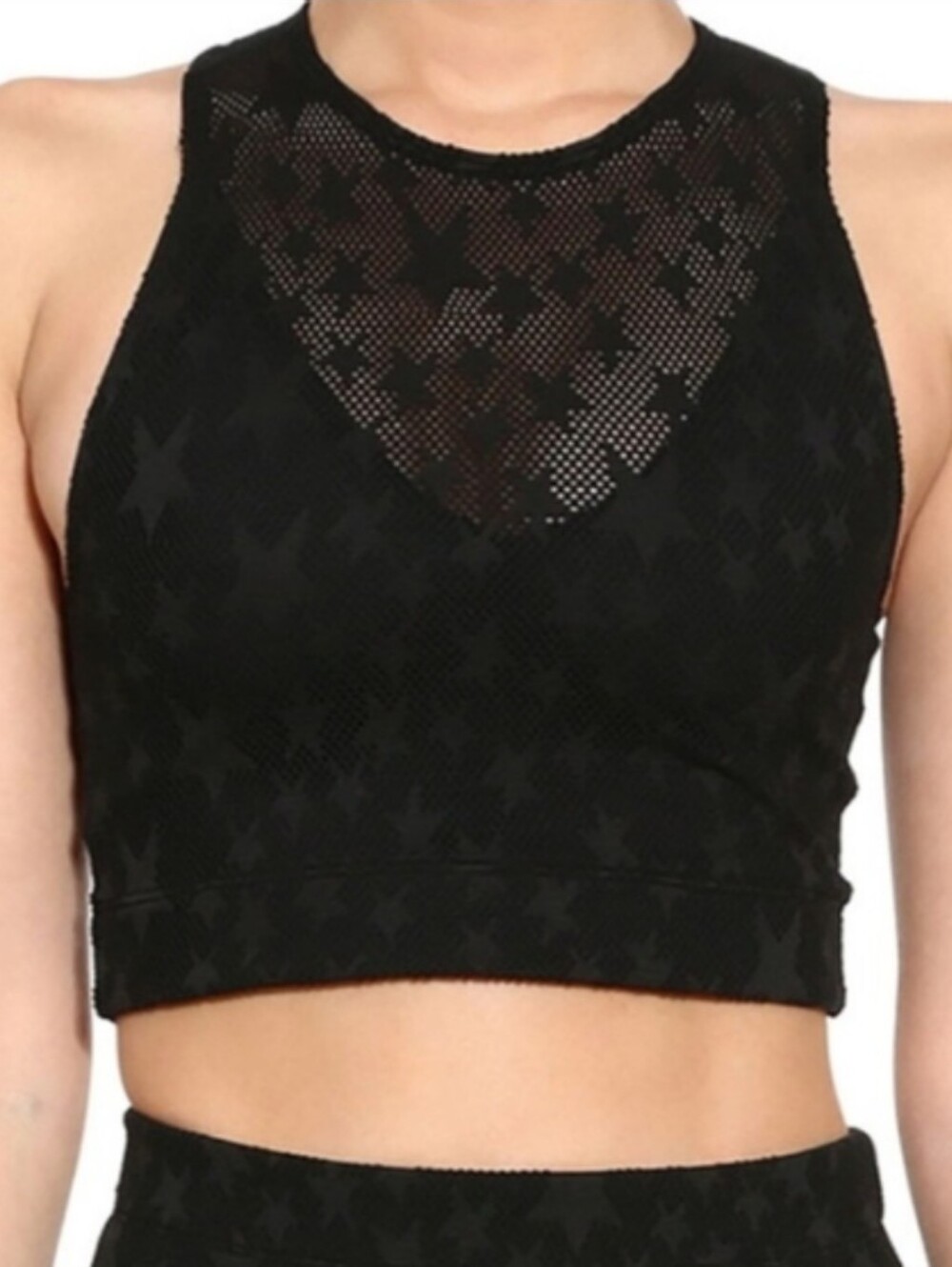 Adam Selman Black Mesh Star Print Sheer Racerback Stretch Sportsbra Crop Top
